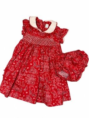 Edgehill Collection Red Paisley Smocked Dress with Cream Collar
